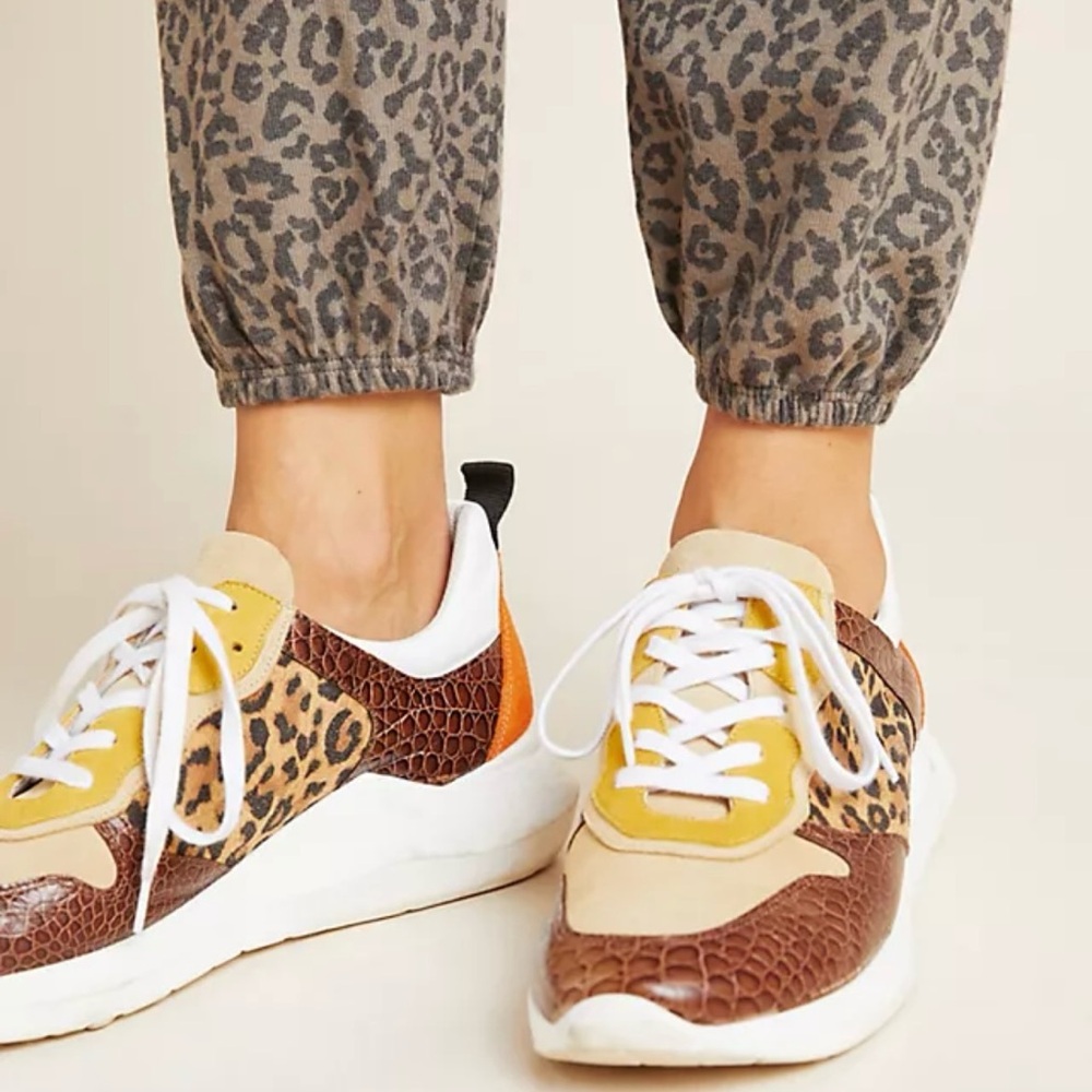 Anthropologie Suede Leather Leopard Print Brown Casual Sneakers Women's Size 8